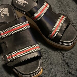 Sorel Black Sandals with Red and White Accents